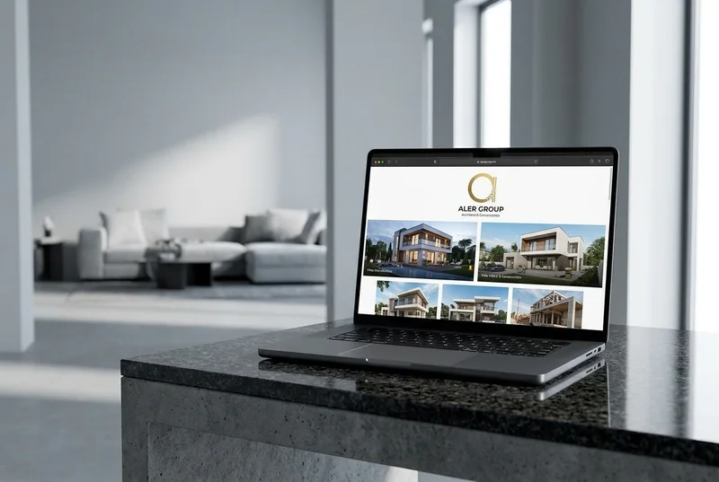 ALER Group architecture and construction project website shown on a laptop in a concrete studio