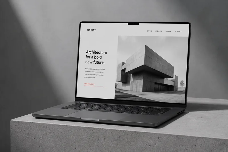 Architecture studio website shown on a laptop standing on a concrete plinth