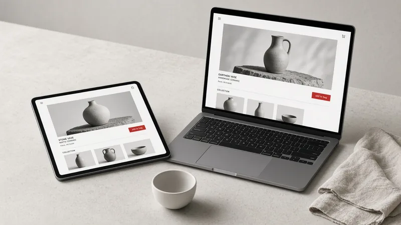 Minimalist online store for ceramics shown on a tablet and a laptop on a concrete table