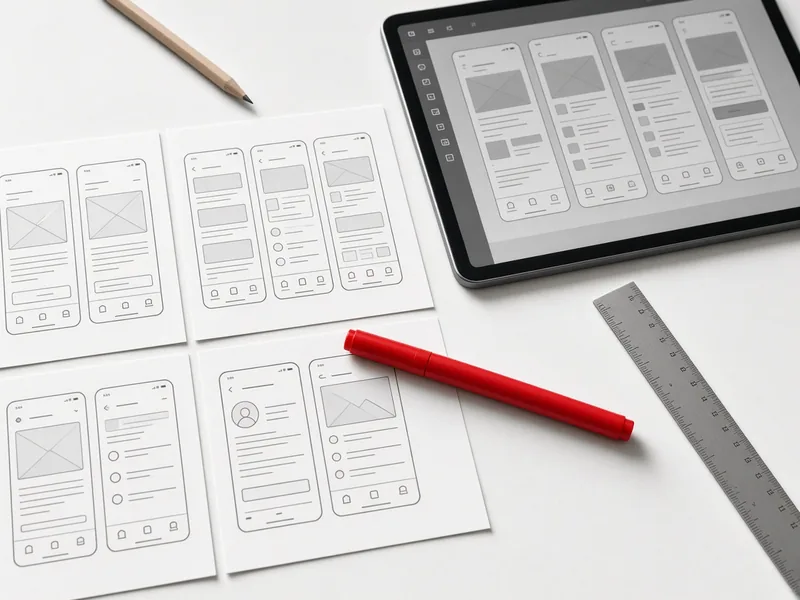Printed mobile app wireframes, a tablet prototype, a ruler and a red marker on a white desk