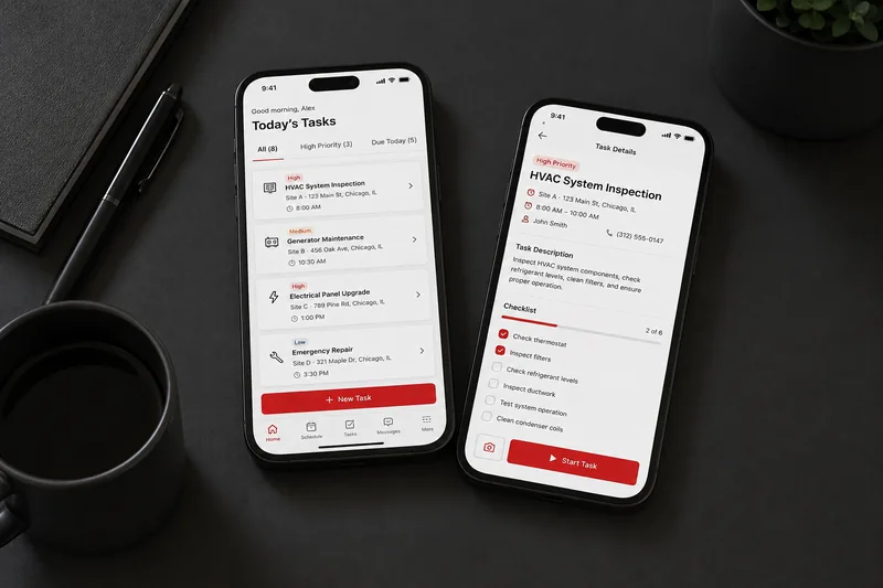 Field service task application shown on two smartphones lying on a dark desk