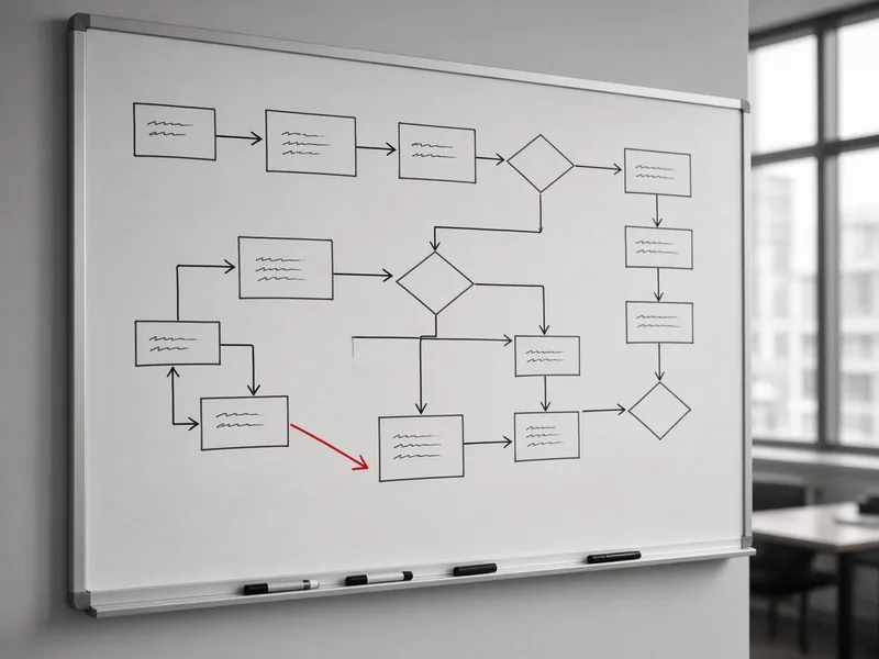Whiteboard with a hand-drawn business process flow and a single red arrow