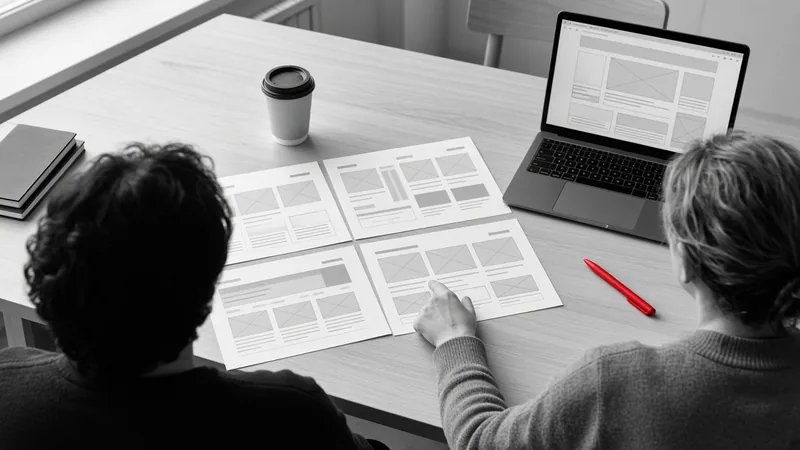 Two people reviewing printed website layouts on a wooden table next to an open laptop