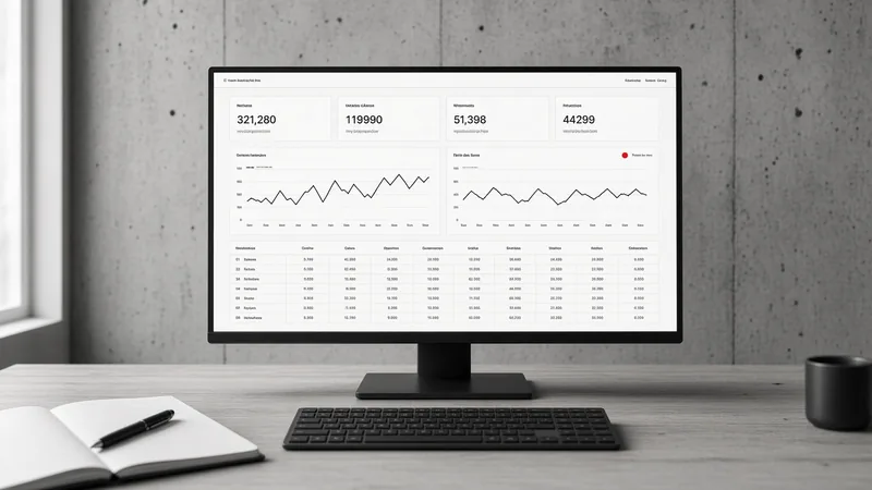 Operations dashboard with charts and a data table on a desktop monitor in a concrete studio